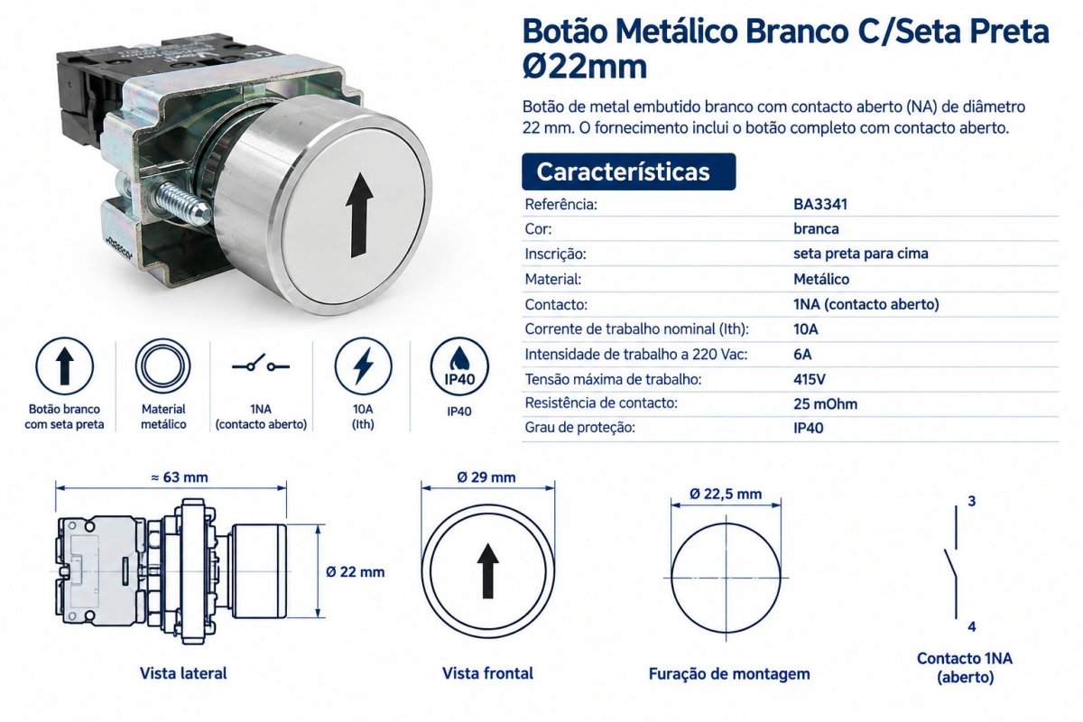 Botão Metálico Branco C/Seta Preta Ø22mm BA3341