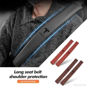 Almofada de conforto para cinto de segurança Tesla - Capa de couro premium para alça de ombro com logotipo